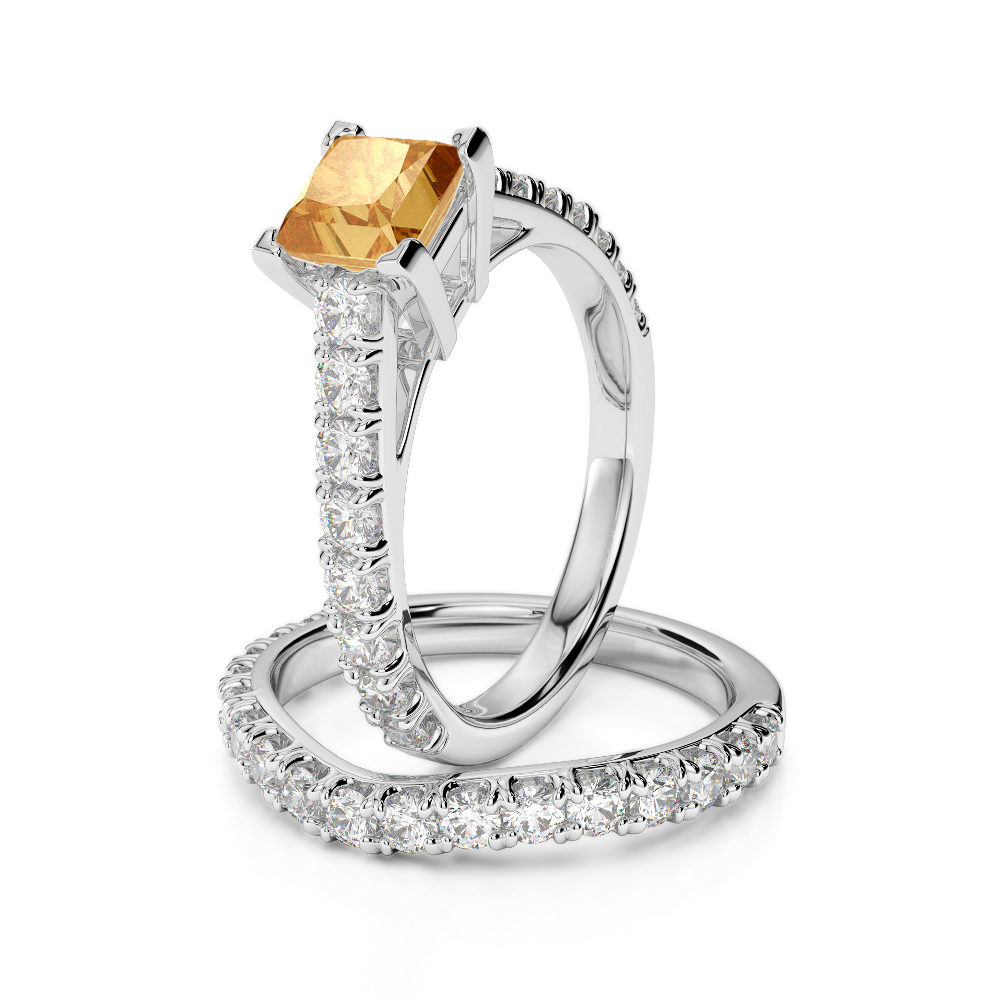 Gold / Platinum Round and Princess cut Citrine and Diamond Bridal Set Ring AGDR-2007