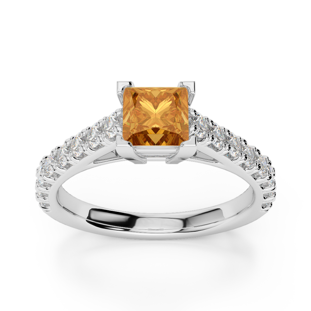 Gold / Platinum Round and Princess Cut Citrine and Diamond Engagement Ring AGDR-2008