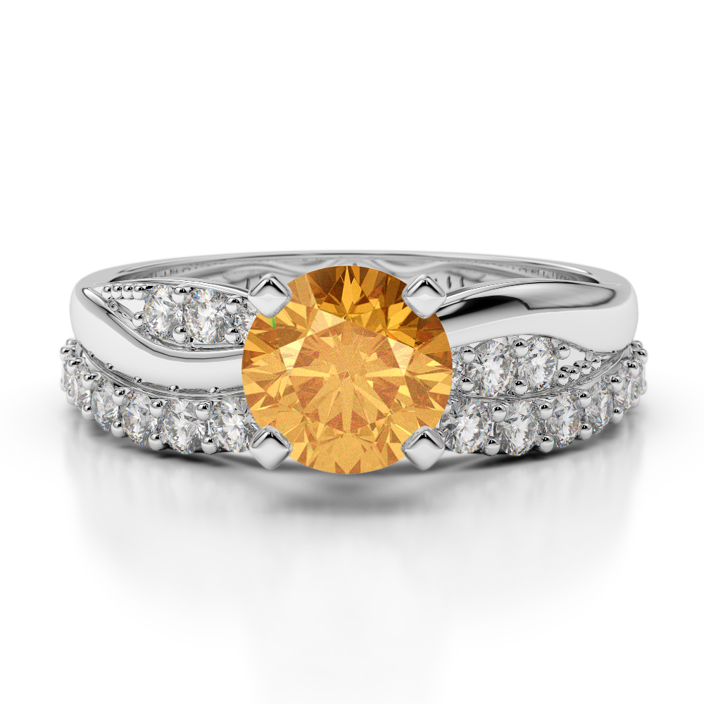 Gold / Platinum Round cut Citrine and Diamond Bridal Set Ring AGDR-2023