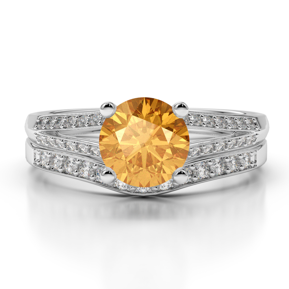 Gold / Platinum Round cut Citrine and Diamond Bridal Set Ring AGDR-2037