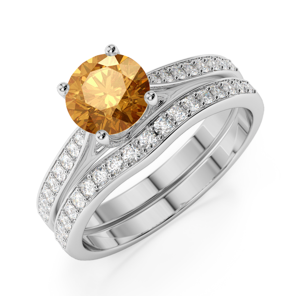 Gold / Platinum Round cut Citrine and Diamond Bridal Set Ring AGDR-2053