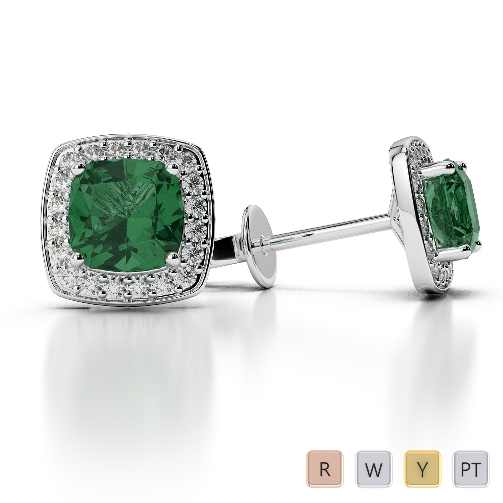 Cushion Shape Emerald and Diamond Earrings in Gold / Platinum AGER-1061
