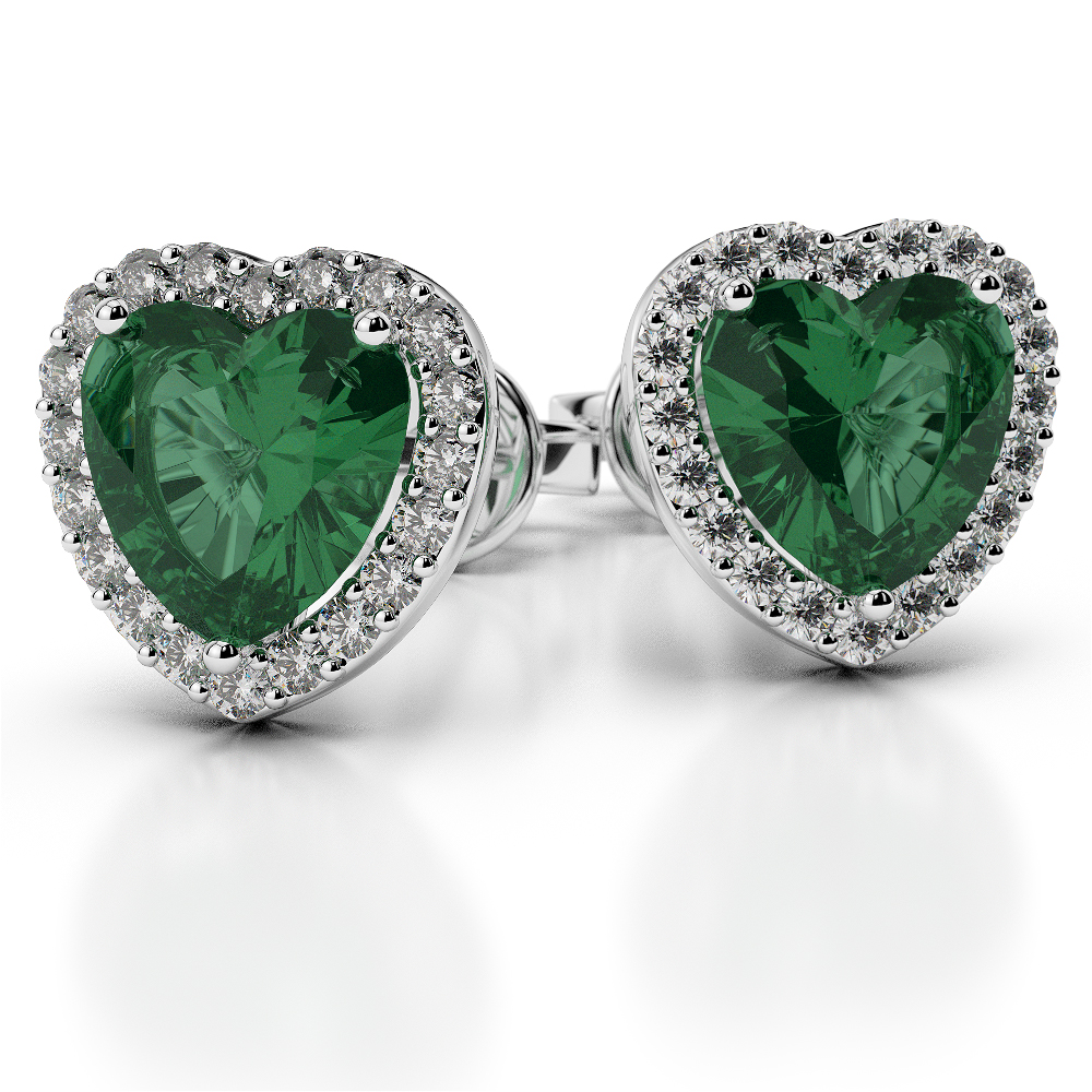 Heart Shape Emerald & Round Diamond Earrings in Gold / Platinum AGER-1064