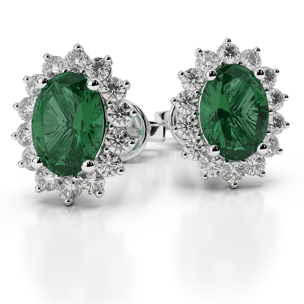 Oval Shape Emerald and Diamond Earrings in Gold / Platinum AGER-1071
