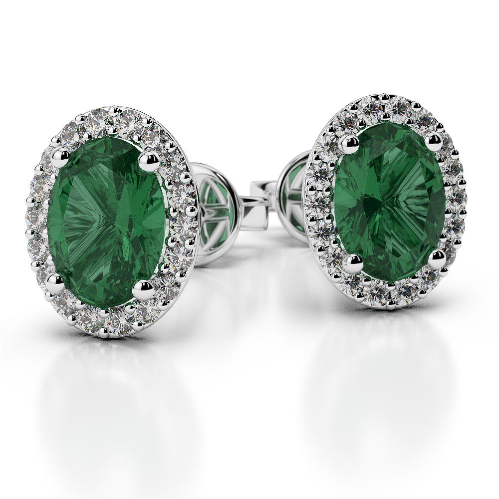 Oval Shape Emerald & Round Cut Diamond Earrings in Gold / Platinum AGER-1072