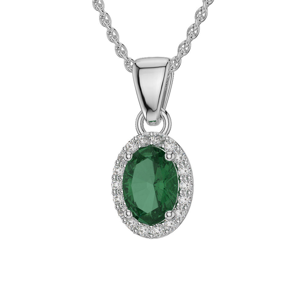 Oval Shape Emerald and Diamond Necklaces in Gold / Platinum AGDNC-1072