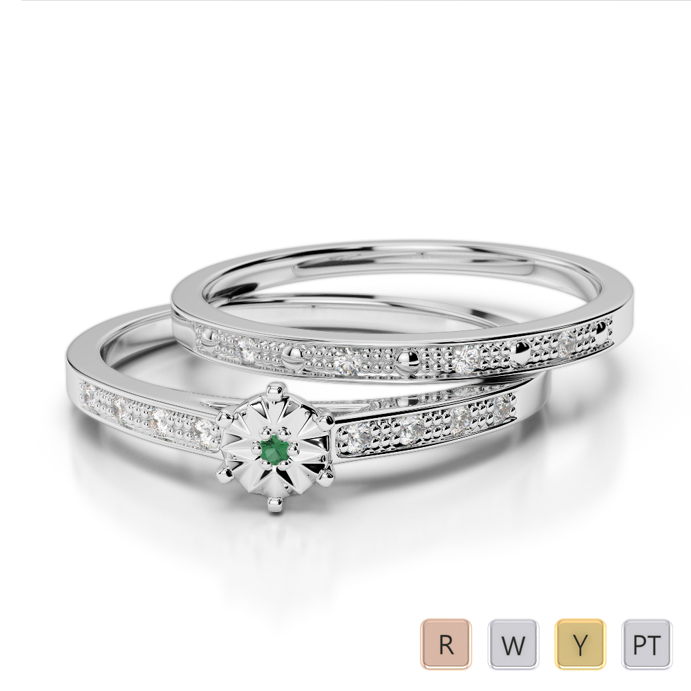 Gold / Platinum Round cut Emerald and Diamond Bridal Set Ring AGDR-1056