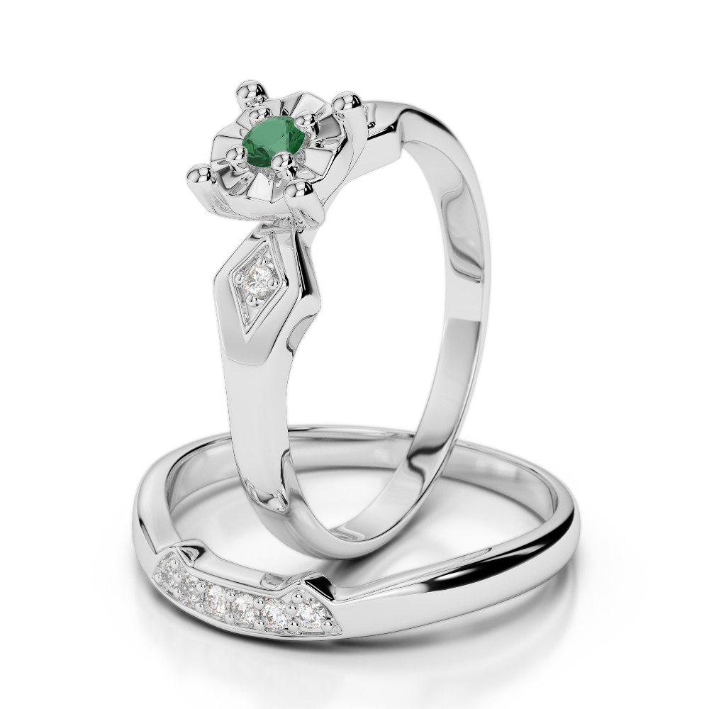 Gold / Platinum Round cut Emerald and Diamond Bridal Set Ring AGDR-1058