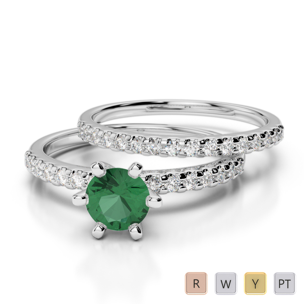 Gold / Platinum Round cut Emerald and Diamond Bridal Set Ring AGDR-1145