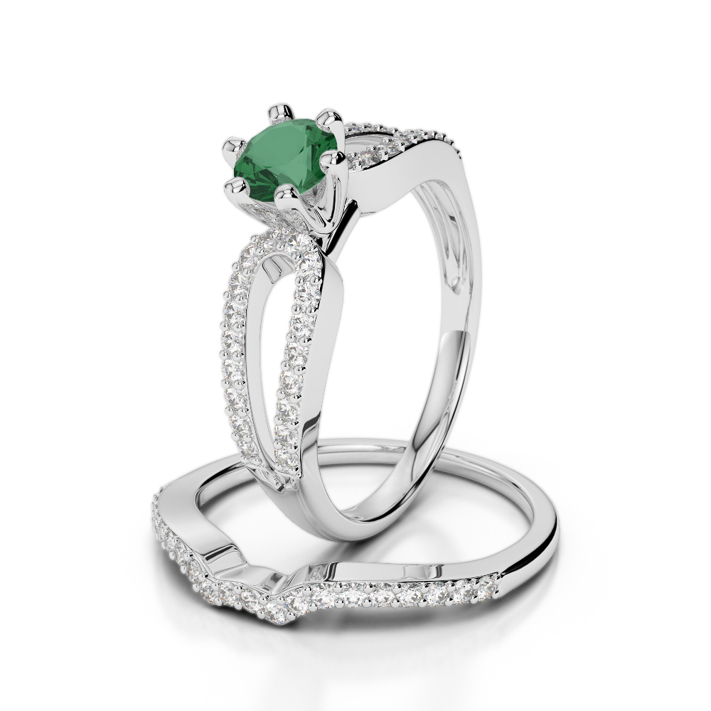 Gold / Platinum Round cut Emerald and Diamond Bridal Set Ring AGDR-1148