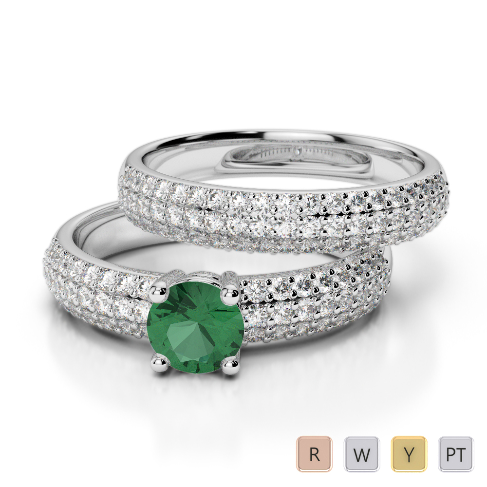 Gold / Platinum Round cut Emerald and Diamond Bridal Set Ring AGDR-1152