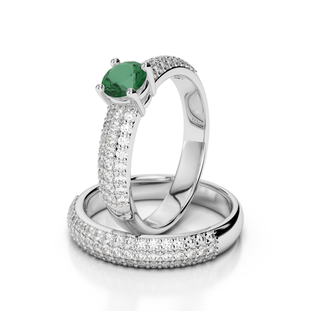 Gold / Platinum Round cut Emerald and Diamond Bridal Set Ring AGDR-1152