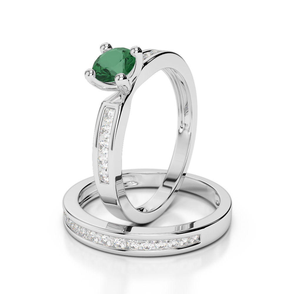 Gold / Platinum Round cut Emerald and Diamond Bridal Set Ring AGDR-1157