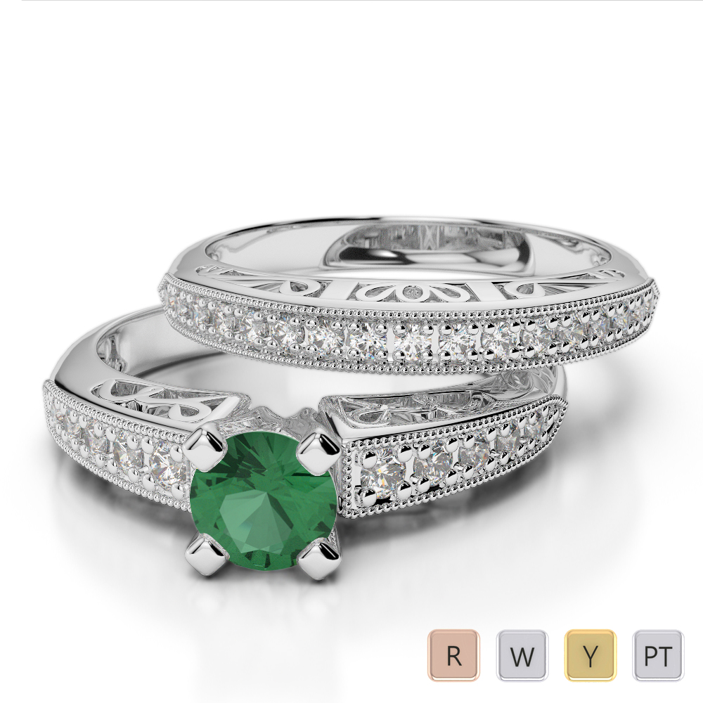 Gold / Platinum Round cut Emerald and Diamond Bridal Set Ring AGDR-1160