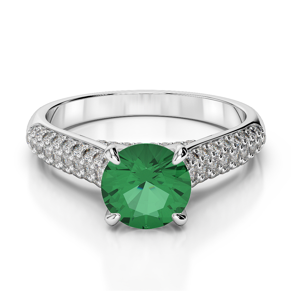 Gold / Platinum Round Cut Emerald and Diamond Engagement Ring AGDR-1203