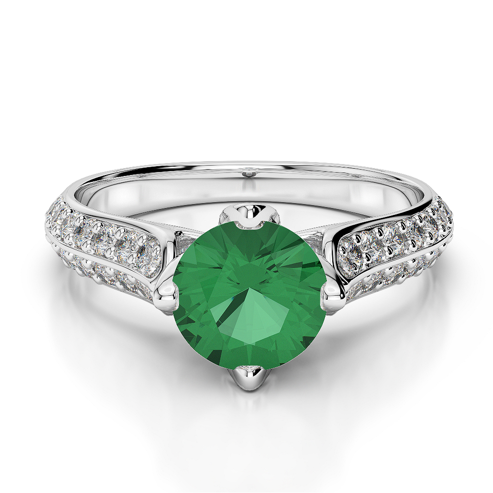 Gold / Platinum Round Cut Emerald and Diamond Engagement Ring AGDR-1205