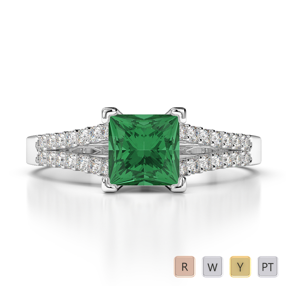 Gold / Platinum Round and Princess Cut Emerald and Diamond Engagement Ring AGDR-1211