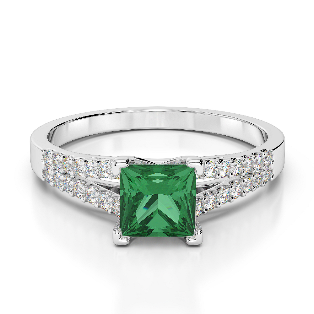 Gold / Platinum Round and Princess Cut Emerald and Diamond Engagement Ring AGDR-1211