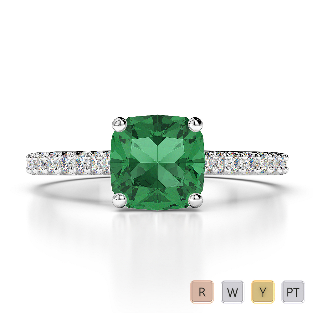 Gold / Platinum Round and Cushion Cut Emerald and Diamond Engagement Ring AGDR-1216