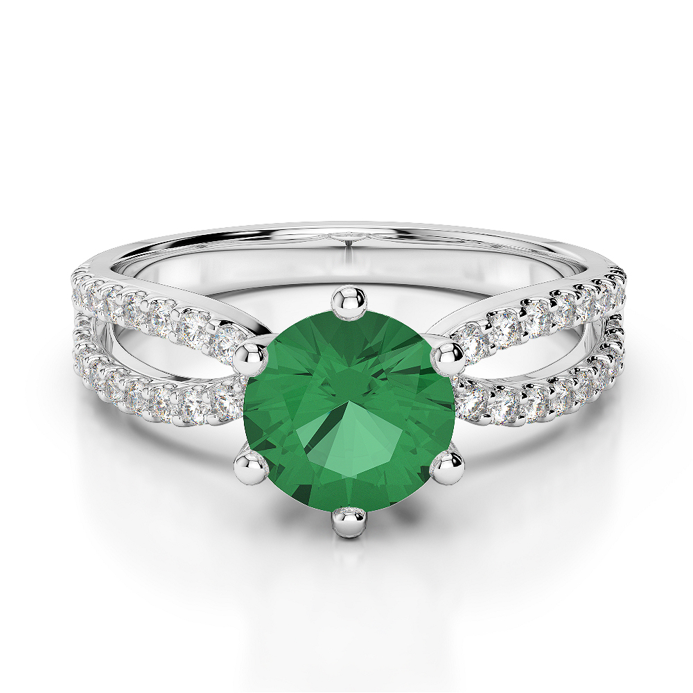Gold / Platinum Round Cut Emerald and Diamond Engagement Ring AGDR-1223