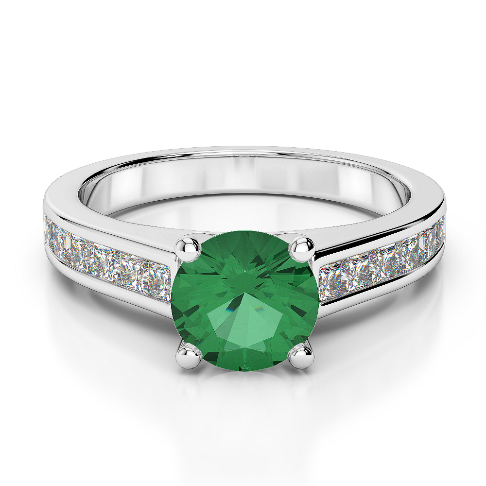 Gold / Platinum Round and Princess Cut Emerald and Diamond Engagement Ring AGDR-1224