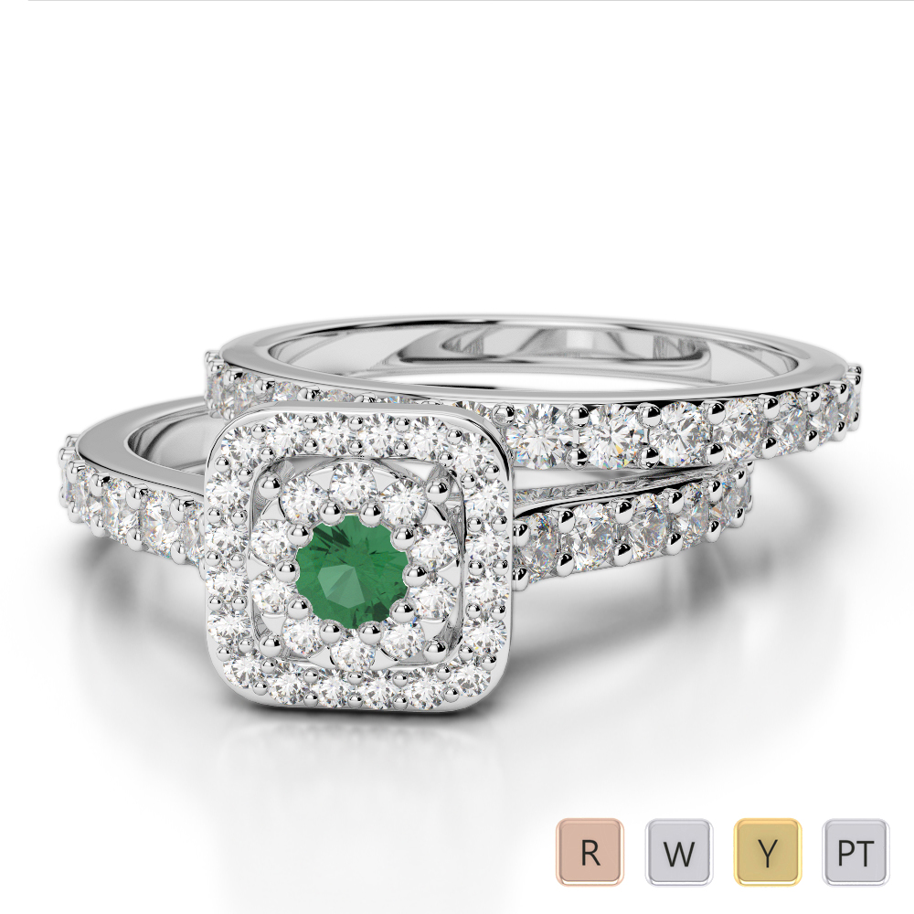 Gold / Platinum Round cut Emerald and Diamond Bridal Set Ring AGDR-1246