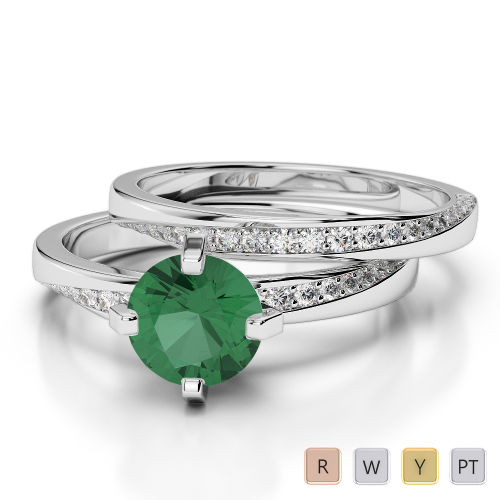 Gold / Platinum Round cut Emerald and Diamond Bridal Set Ring AGDR-2001
