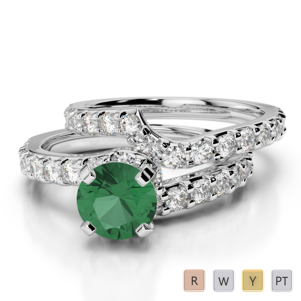 Gold / Platinum Round cut Emerald and Diamond Bridal Set Ring AGDR-2003