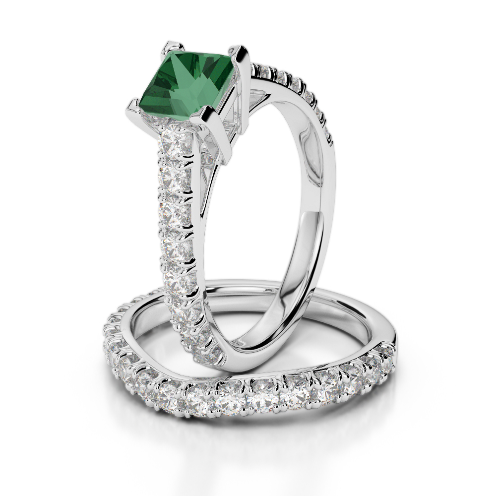 Gold / Platinum Round and Princess Cut Emerald and Diamond Bridal Set Ring AGDR-2007