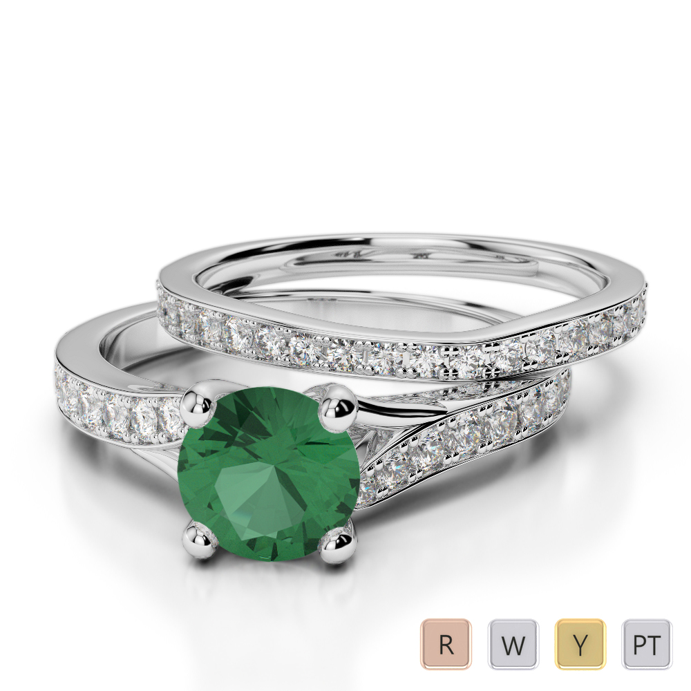 Gold / Platinum Round cut Emerald and Diamond Bridal Set Ring AGDR-2011