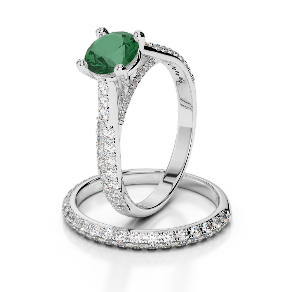 Gold / Platinum Round cut Emerald and Diamond Bridal Set Ring AGDR-2013