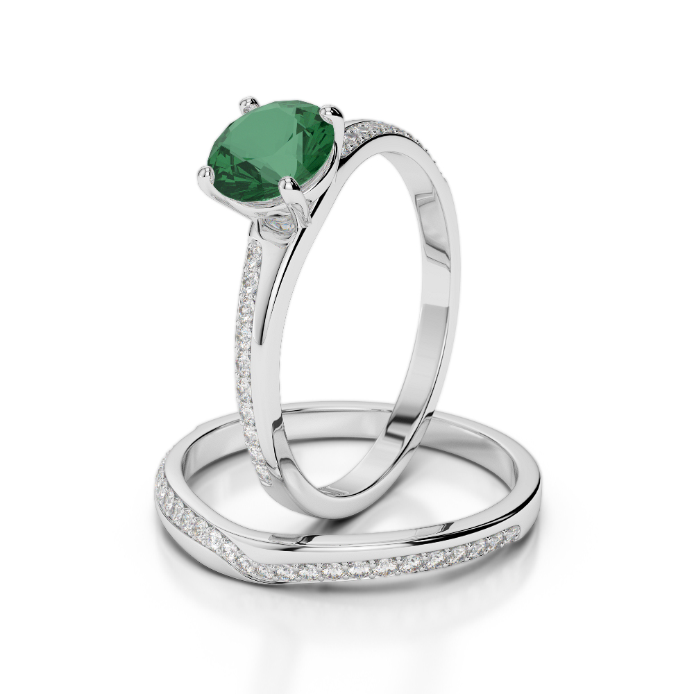 Gold / Platinum Round cut Emerald and Diamond Bridal Set Ring AGDR-2015