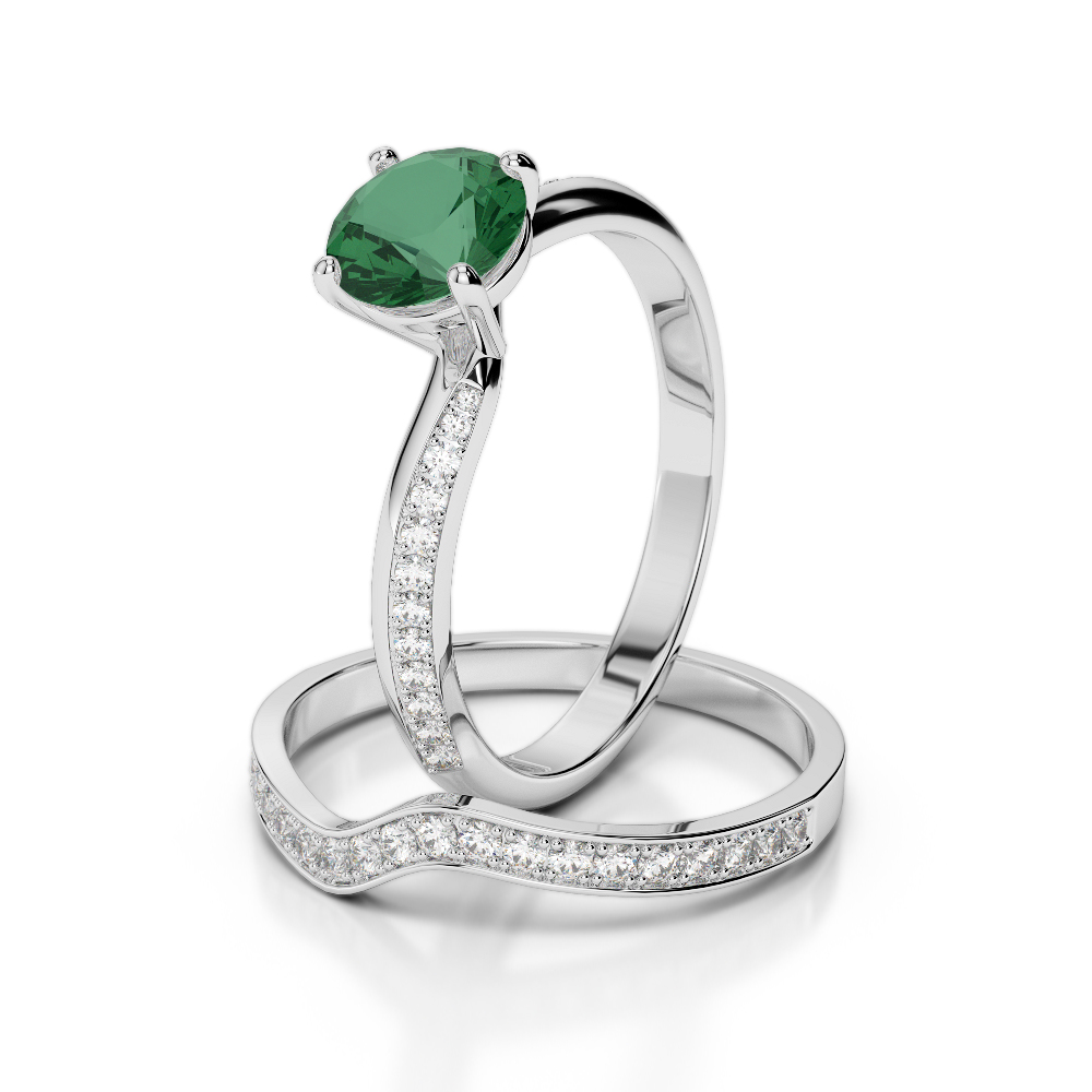 Gold / Platinum Round cut Emerald and Diamond Bridal Set Ring AGDR-2017
