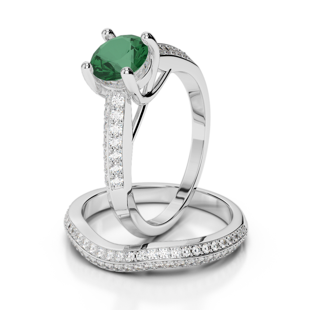 Gold / Platinum Round cut Emerald and Diamond Bridal Set Ring AGDR-2043