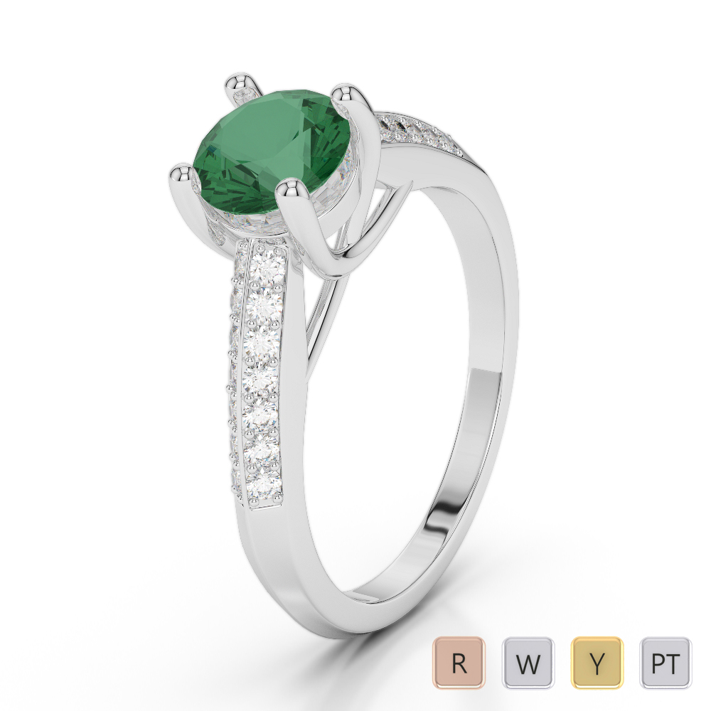 Gold / Platinum Round Cut Emerald and Diamond Engagement Ring AGDR-2044