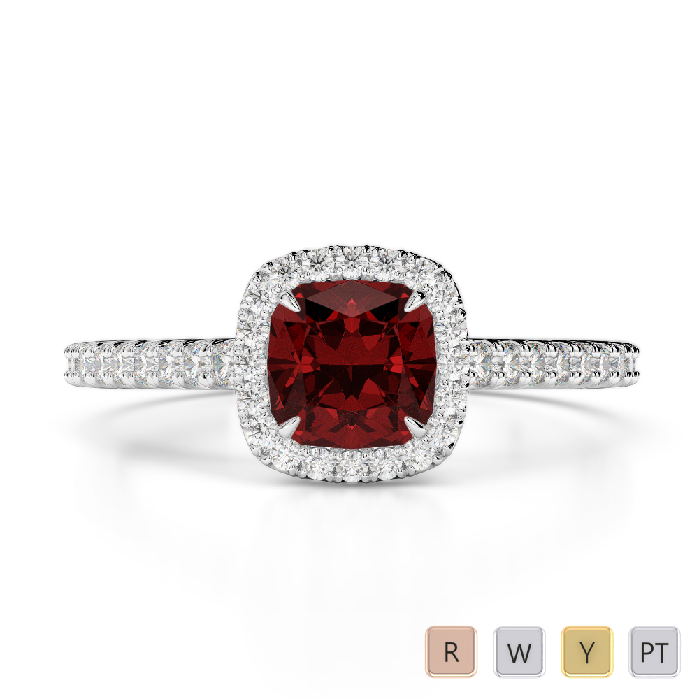 Gold / Platinum Round and Cushion Cut Garnet and Diamond Engagement Ring AGDR-1212