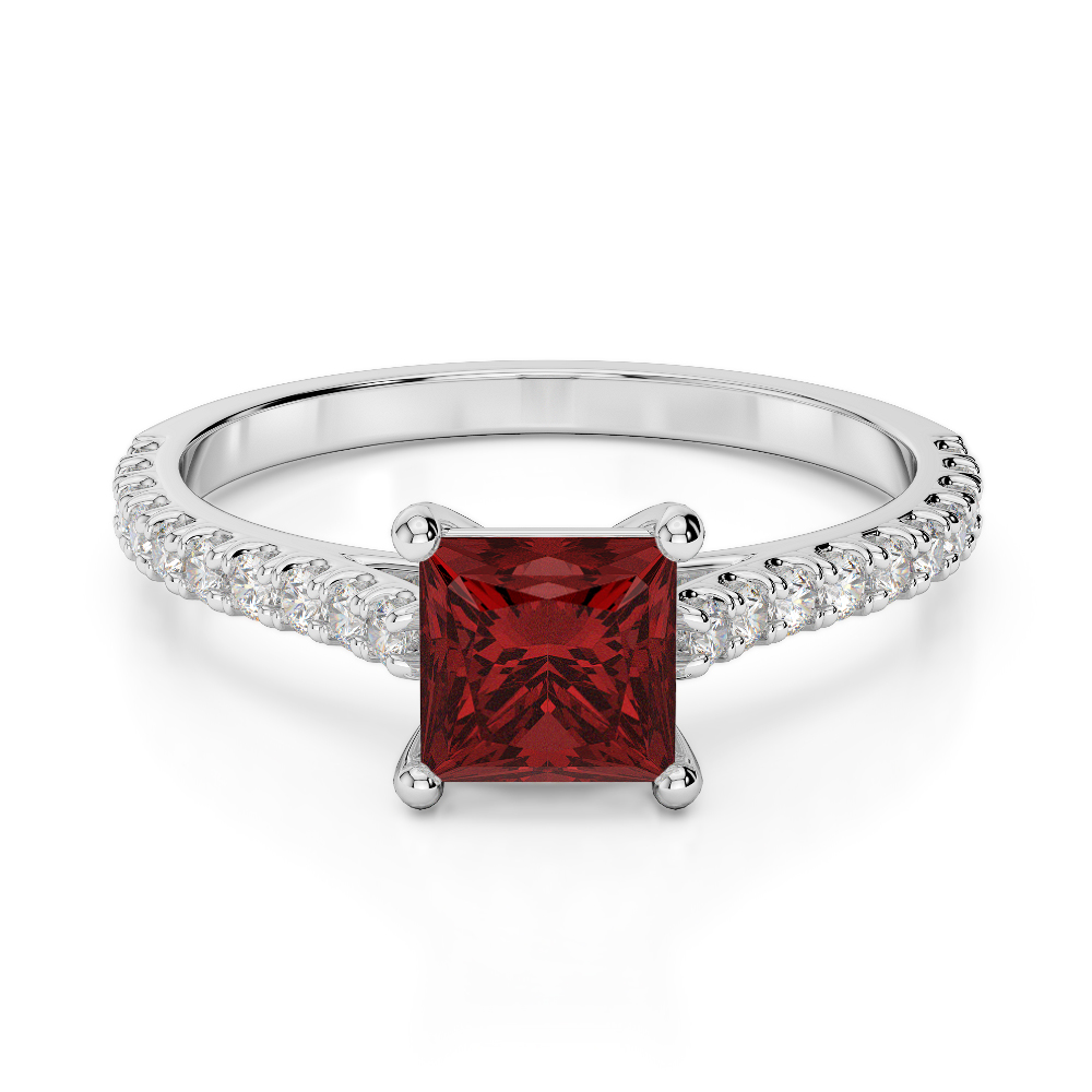 Gold / Platinum Round and Princess Cut Garnet and Diamond Engagement Ring AGDR-1217