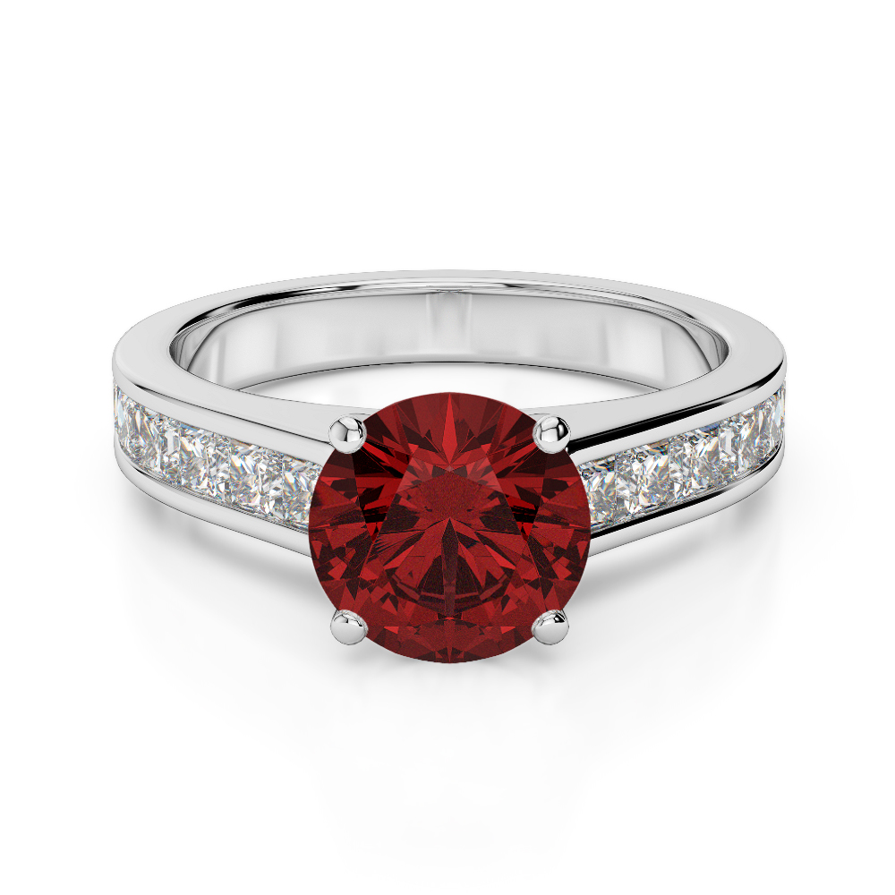 Gold / Platinum Round and Princess Cut Garnet and Diamond Engagement Ring AGDR-1224