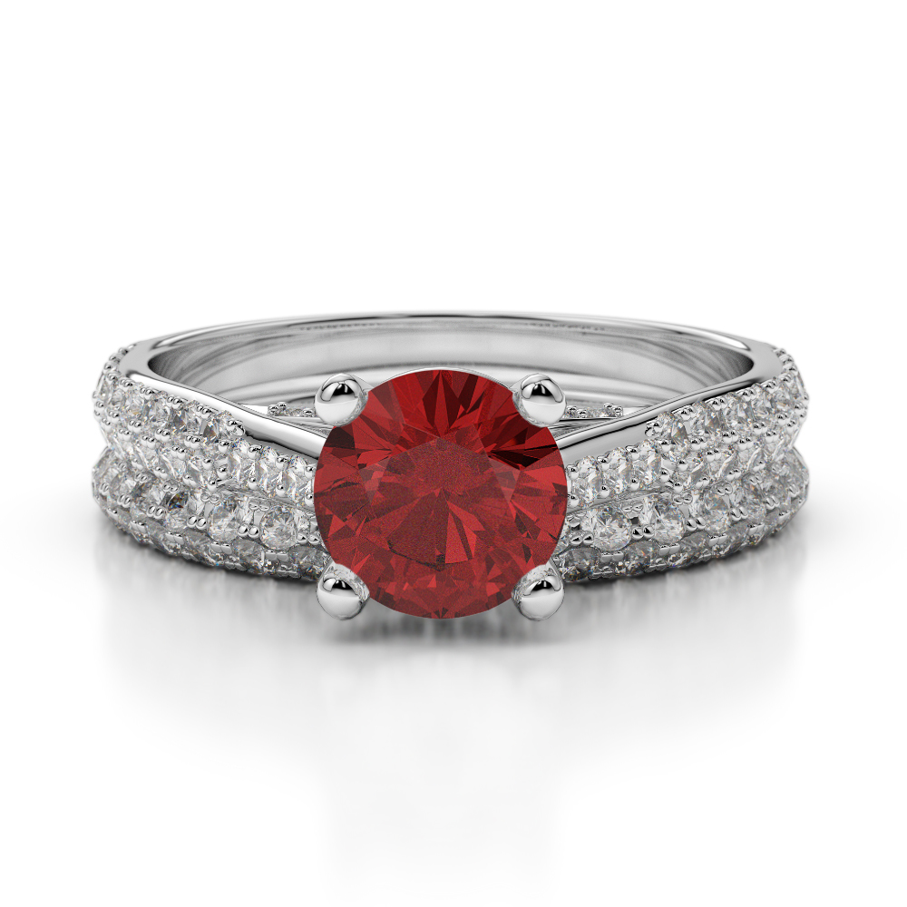 Gold / Platinum Round cut Garnet and Diamond Bridal Set Ring AGDR-2013