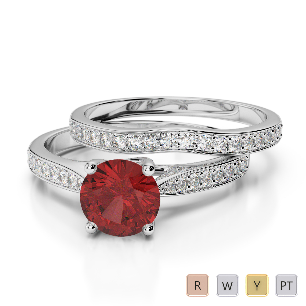 Gold platinum round cut garnet and diamond bridal set ring agdr 2053