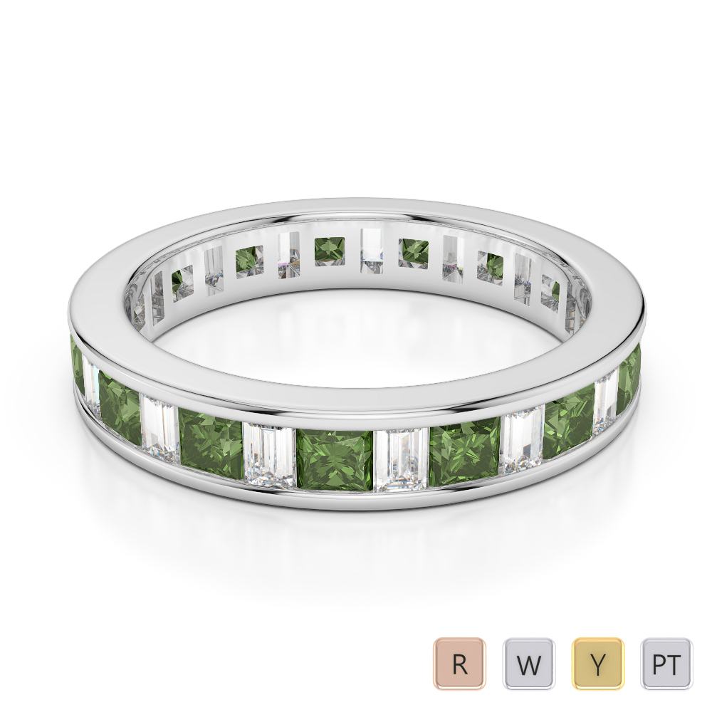 4 MM Gold / Platinum Princess and Baguette Cut Green Tourmaline and Diamond Full Eternity Ring AGDR-1141