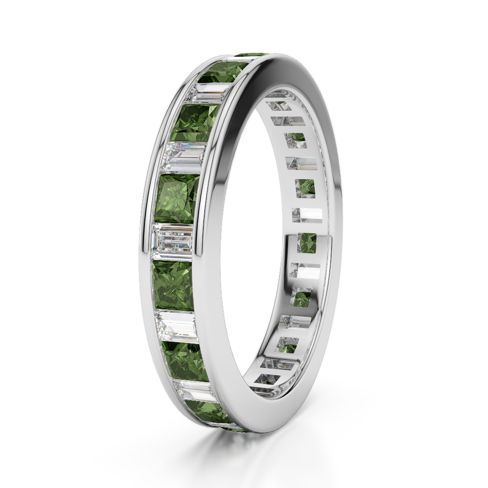 4 MM Gold / Platinum Princess and Baguette Cut Green Tourmaline and Diamond Full Eternity Ring AGDR-1141