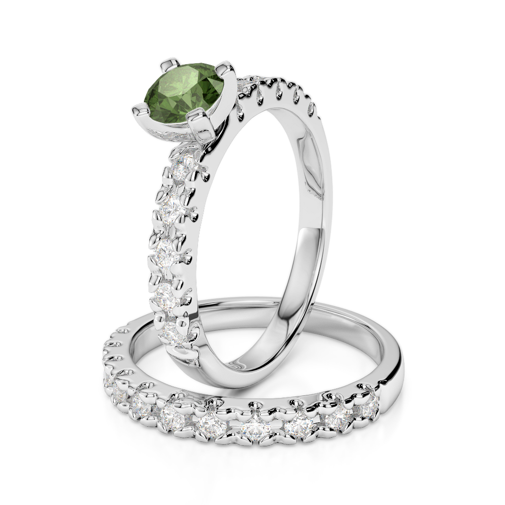 Gold / Platinum Round cut Green Tourmaline and Diamond Bridal Set Ring AGDR-1144