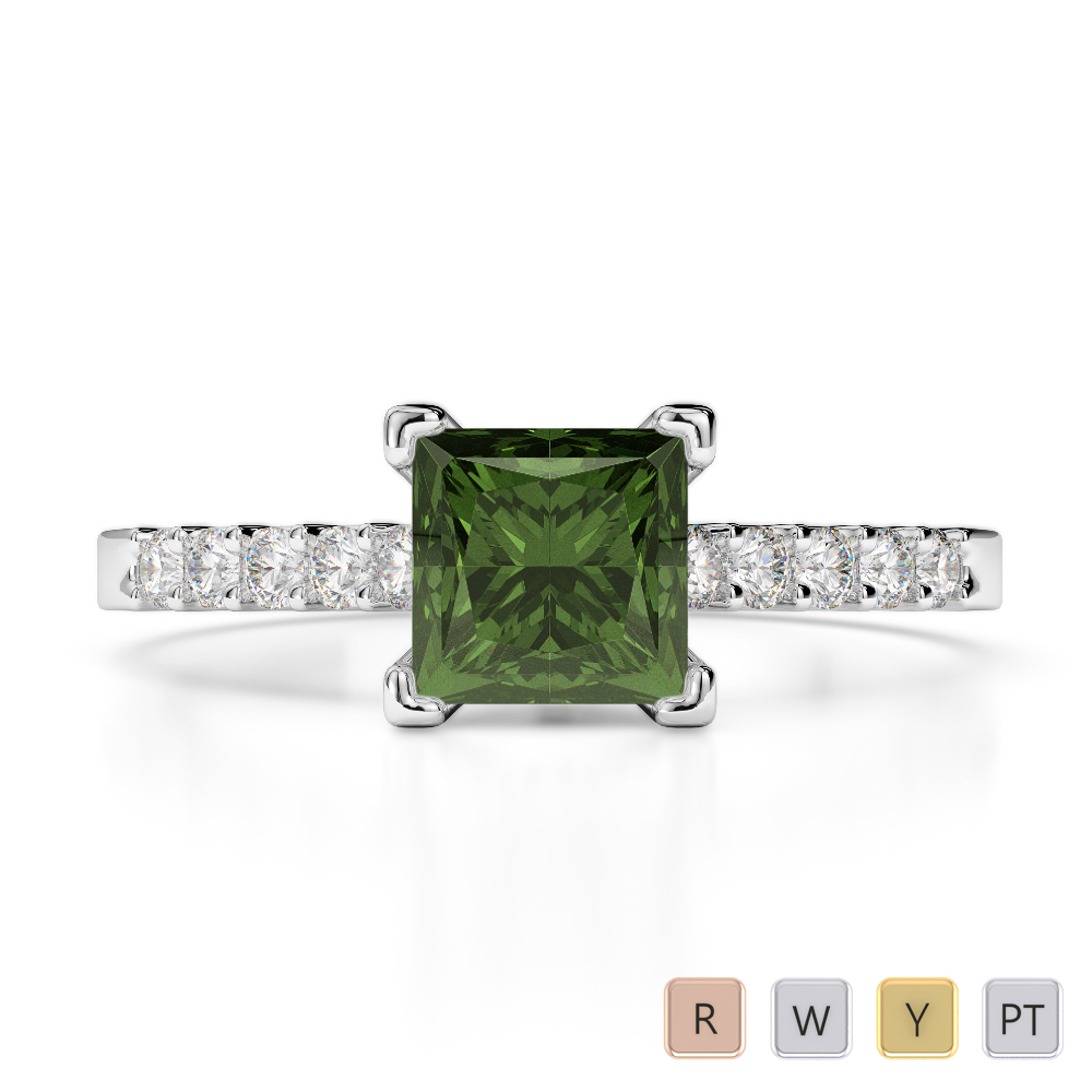 Gold / Platinum Round and Princess Cut Green Tourmaline and Diamond Engagement Ring AGDR-1210