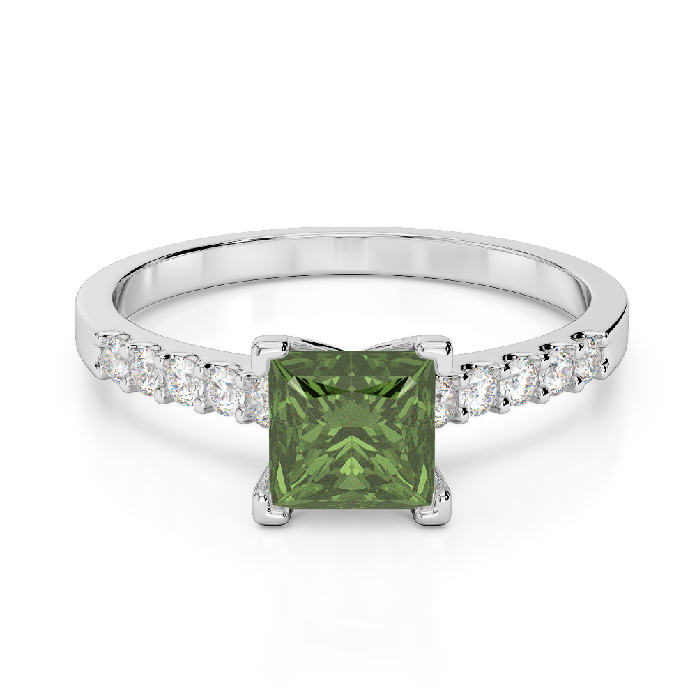 Gold / Platinum Round and Princess Cut Green Tourmaline and Diamond Engagement Ring AGDR-1210