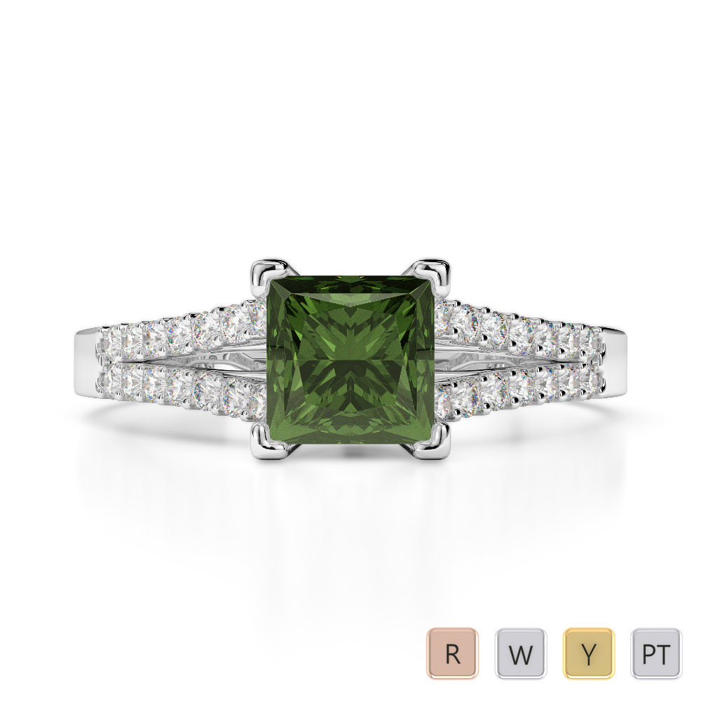 Gold / Platinum Round and Princess Cut Green Tourmaline and Diamond Engagement Ring AGDR-1211