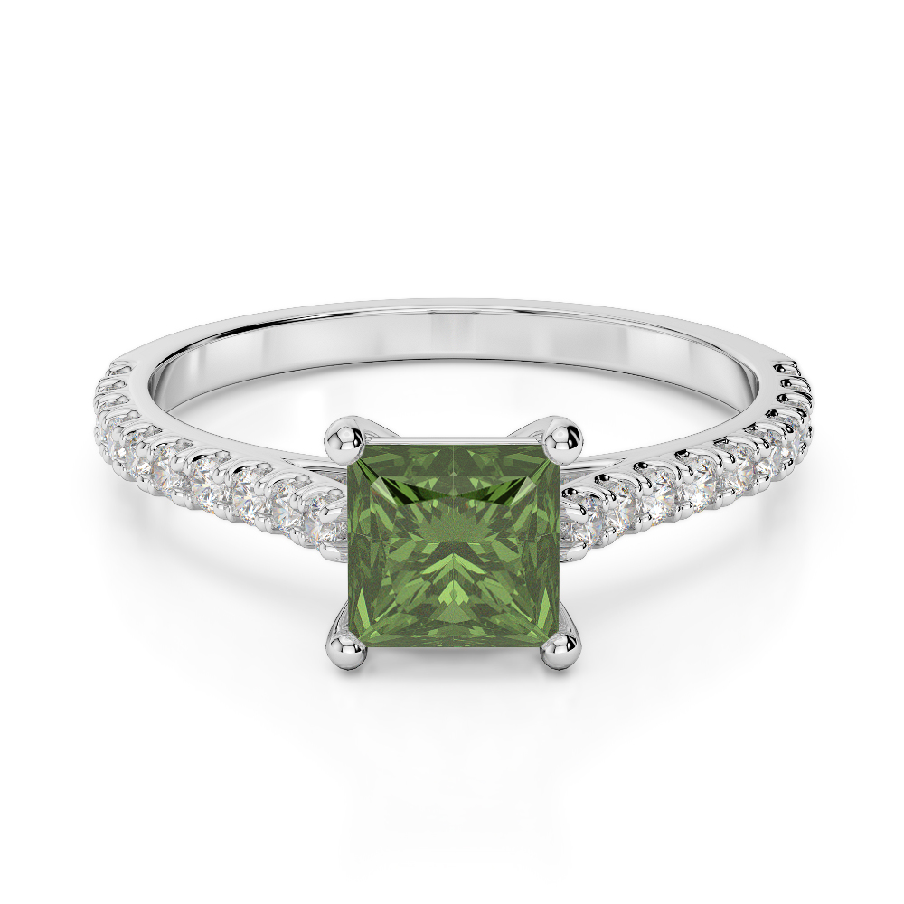 Gold / Platinum Round and Princess Cut Green Tourmaline and Diamond Engagement Ring AGDR-1217