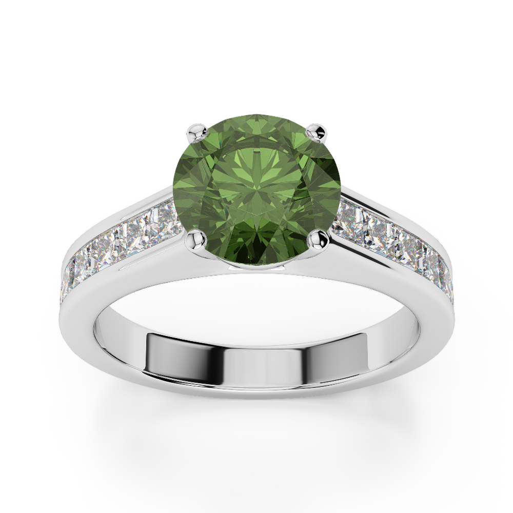 Gold / Platinum Round and Princess Cut Green Tourmaline and Diamond Engagement Ring AGDR-1224