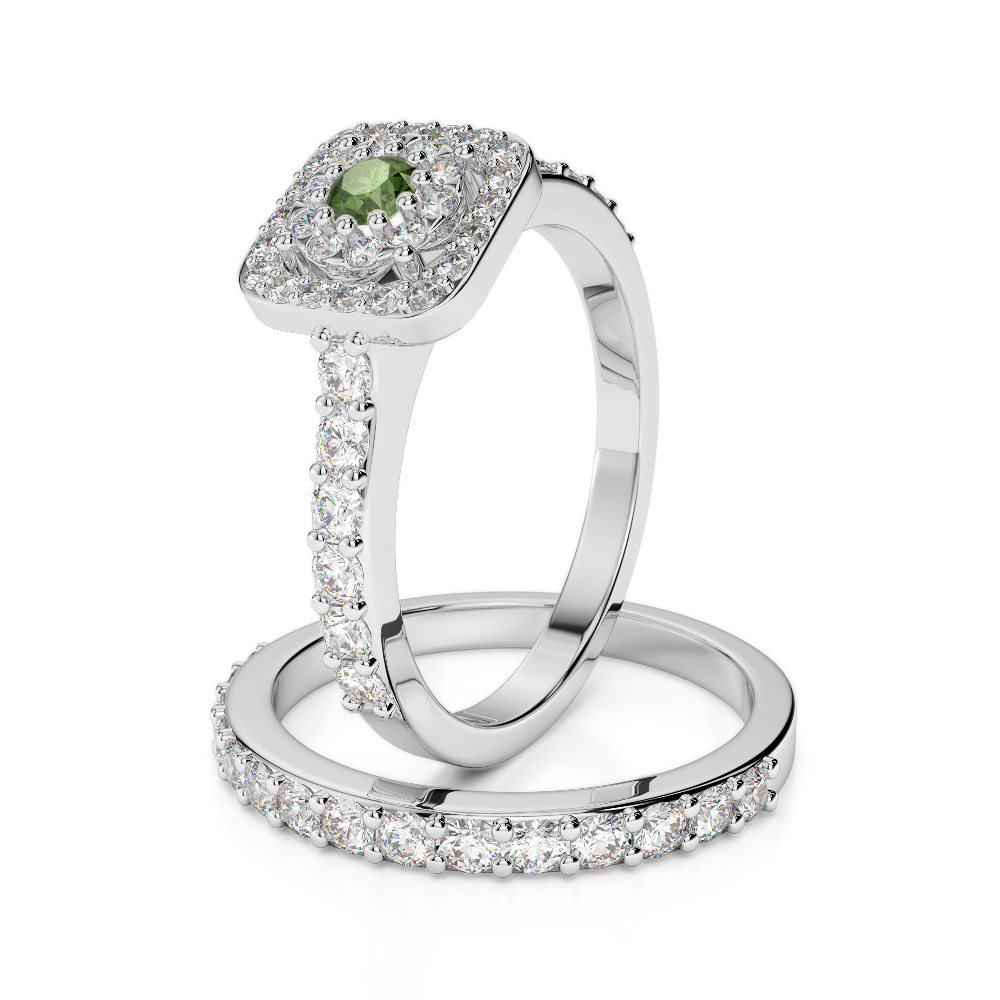 Gold / Platinum Round cut Green Tourmaline and Diamond Bridal Set Ring AGDR-1246