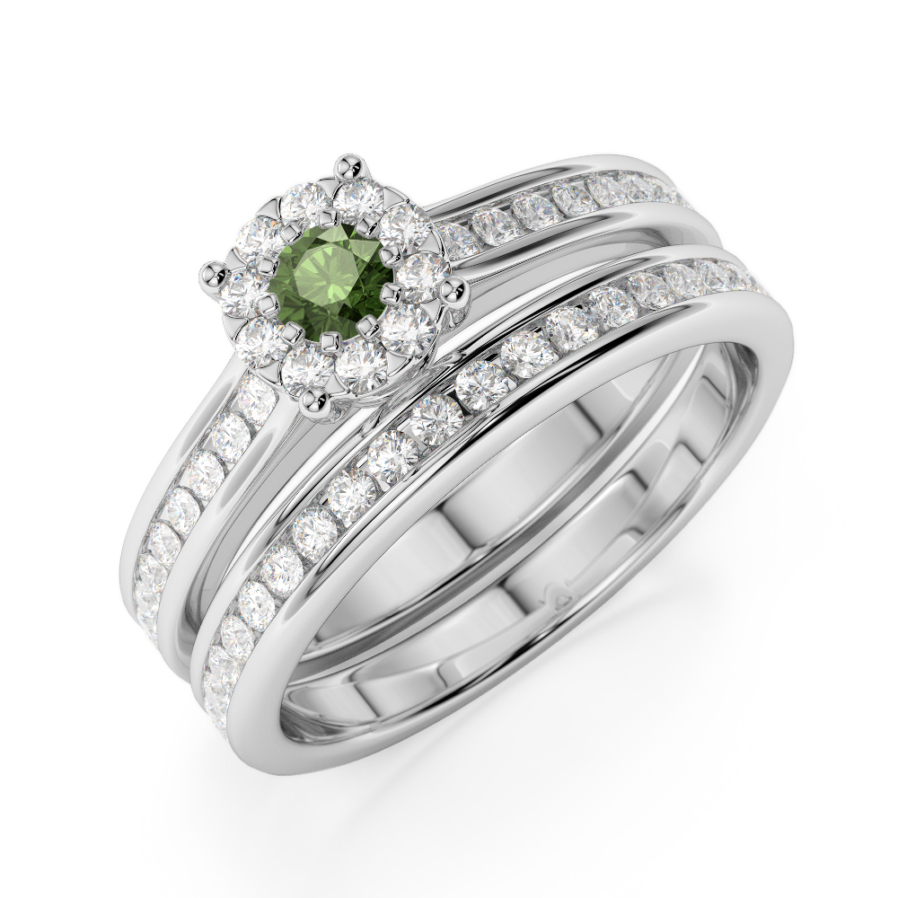 Gold / Platinum Round cut Green Tourmaline and Diamond Bridal Set Ring AGDR-1339